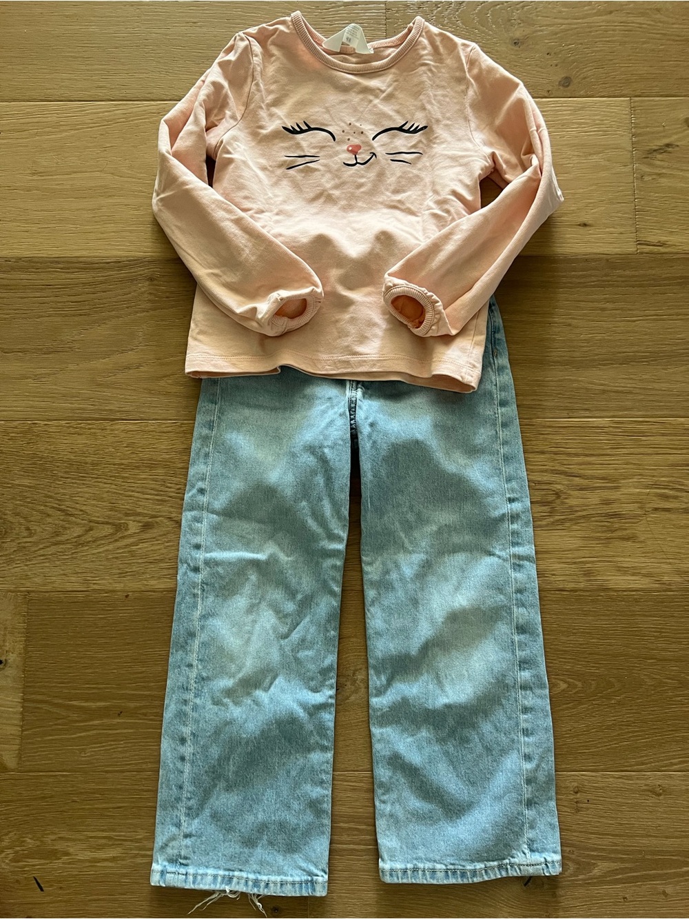 H&M Peach Long-Sleeve Tee and Straight Leg Jeans, Size 6